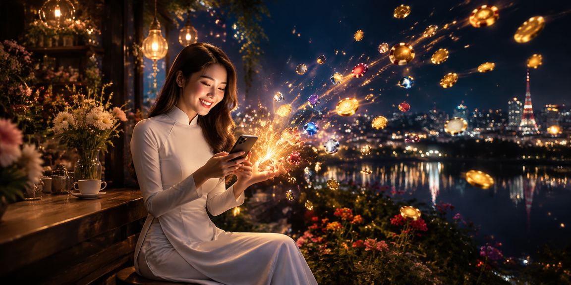 Người phụ nữ mặc áo dài truy cập casino trực tuyến trên điện thoại tại Đà Lạt