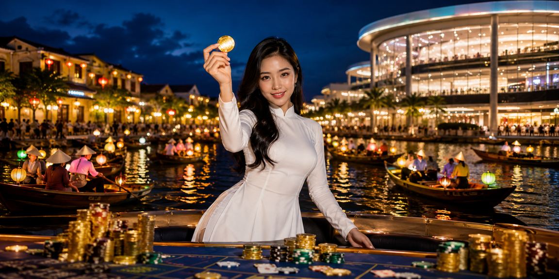 Người chơi trong trang phục áo dài tham gia trò chơi bài tại Hội An